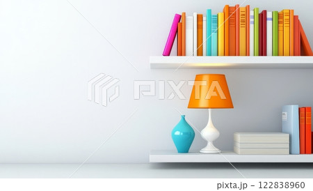 A modern bookshelf displays colorful books, a bright lamp, and decorative items, creating a vibrant home decor aesthetic. A modern bookshelf displays colorful books, a bright lamp, and decorative items, creating a vibrant home decor aesthetic. 122838960
