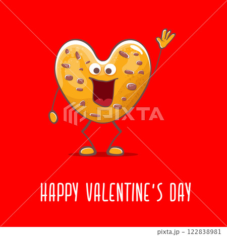 vector funny hand drawn valentines day greeting card with homemade chocolate chip heart shape cookie character isolated on red background. Happy Valentines day cartoon red banner or poster. vector funny hand drawn valentines day greeting card with homemade chocolate chip heart shape cookie character isolated on red background. Happy Valentines day cartoon red banner or poster. 122838981
