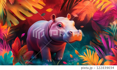 A colorful, stylized illustration of a happy hippo surrounded by vibrant tropical foliage and leaves. 122839034