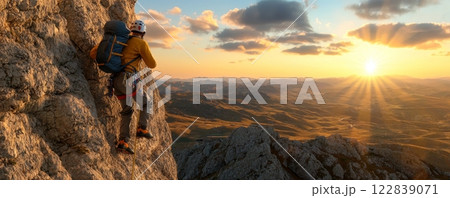 A climber scales a rocky peak at sunset, surrounded by majestic mountains and vibrant clouds, embodying adventure and the beauty of nature. 122839071