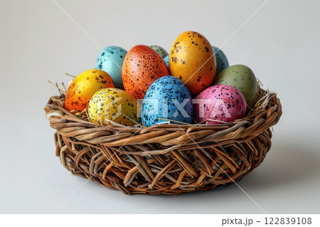 A wicker basket filled with colorful Easter eggs symbolizing the season. 122839108