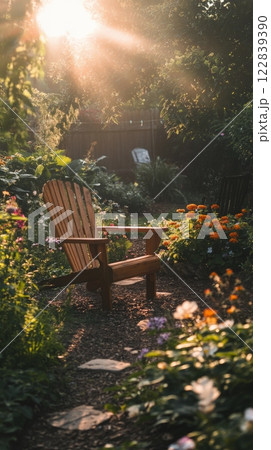 Cozy wooden chair surrounded by vibrant flowers in a serene garden at sunset Cozy wooden chair surrounded by vibrant flowers in a serene garden at sunset 122839390
