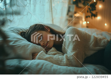 Young girl peacefully sleeping in a cozy wooden cabin with floral bedding 122839455