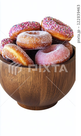 Delicious sugar-coated doughnuts served in a wooden bowl at a cozy cafe 122839463