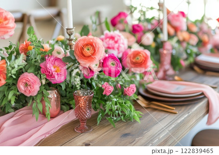 Elegant floral arrangement on wooden table for a spring celebration gathering 122839465