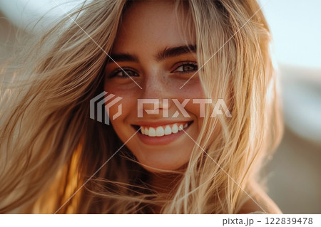 Bright smile of a woman with long hair outdoors in natural light capturing a moment of joy 122839478