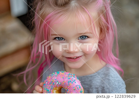Girl with pink hair enjoys a colorful donut in a cozy wooden setting 122839629