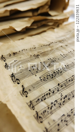 Vintage sheet music with handwritten notes and markings on aged paper 122839631