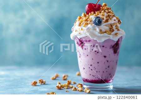 Delicious blueberry milkshake topped with whipped cream, nuts and cherry 122840061