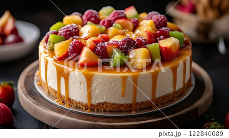 Delicious cheesecake with caramel topping and fresh fruits Delicious cheesecake with caramel topping and fresh fruits 122840089