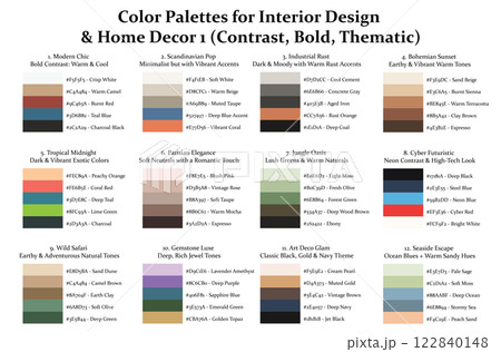12 Color Palettes Collection 1 for Interior Design and Home Decor, Color Schemes with Hex Codes and Names, Color Swatches and Combinations, Vector Illustration 12 Color Palettes Collection 1 for Interior Design and Home Decor, Color Schemes with Hex Codes and Names, Color Swatches and Combinations, Vector Illustration 122840148