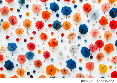 Colorful paper umbrellas arranged in a vibrant pattern on a wall 122840272