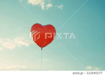 Heart-shaped balloon floating beside a lone tree in a sunny field 122840277