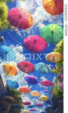 Colorful umbrellas create vibrant canopy at outdoor festival on sunny day 122840341
