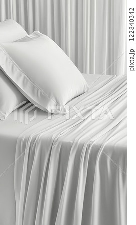 Soft white bedding on a neatly made bed with elegant decor and natural light streaming through the window 122840342