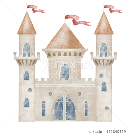 Watercolor illustration of Castle with Towers, flags, and stone walls. Drawing of Fortress in pastel colors for fairy tale nursery posters. Art of citadel in pastel colors for childish invitation card 122840539