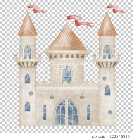 Watercolor illustration of Castle with Towers, flags, and stone walls. Drawing of Fortress in pastel colors for fairy tale nursery posters. Art of citadel in pastel colors for childish invitation card 122840539