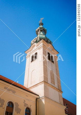 Szombathely, Hungary 13-08-23. Travel to from Szombathely in Hungary. Szombathely architecture, church and streets. Saint Elisabeth Church in Szombathely, Hungary on a sunny day. Europe. Hungary. Szombathely, Hungary 13-08-23. Travel to from Szombathely in Hungary. Szombathely architecture, church and streets. Saint Elisabeth Church in Szombathely, Hungary on a sunny day. Europe. Hungary. 122840598