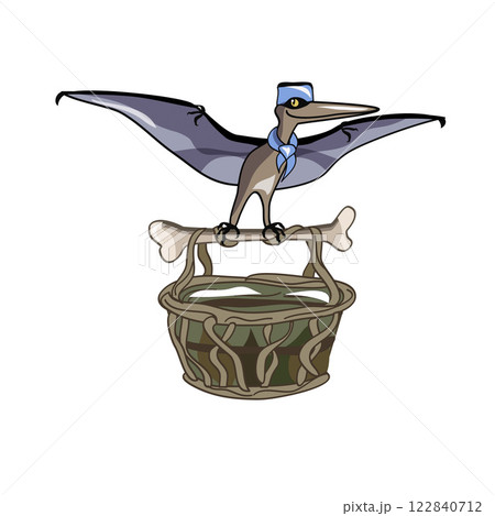 Illustration of a Pteranodon carrying a basket. 122840712