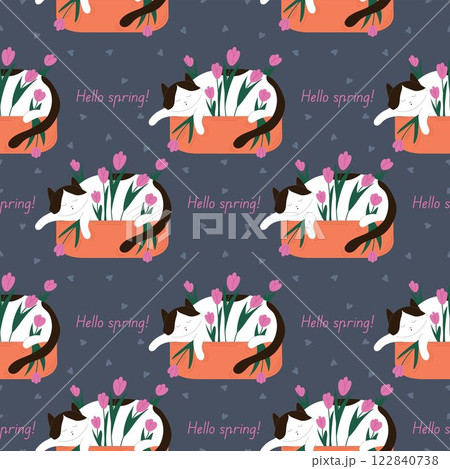 Seamless pattern of a cute sleeping cat in a flowerpot with tulip and heart with text Hello Spring in flat style. Perfect for seasonal decor, fabric and stationery design. 122840738