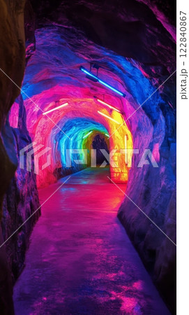 Colorful tunnel illuminated by vibrant lights in an urban setting during nighttime 122840867