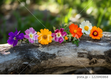 Colorful flowers arranged on a log in a serene forest during golden hour 122840868