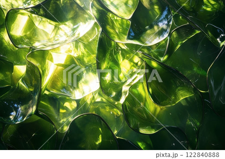 Shadows and light play through palm leaves on a wall in a natural setting 122840888
