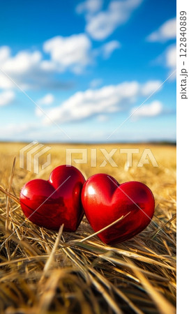 Heart shapes in green field under blue sky with clouds on a sunny day 122840889