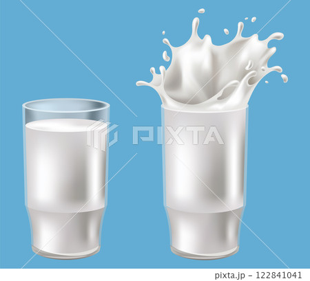Realistic milk splash in a glass vector illustration. Milk poured into glass on a blue background Realistic milk splash in a glass vector illustration. Milk poured into glass on a blue background 122841041