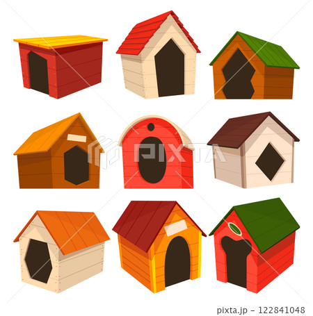 Dog house icon set. Cartoon pet accessory. Petshop supermarket item. Empty pet home with roof. House for domestic animal. Isolated flat vector illustration 122841048