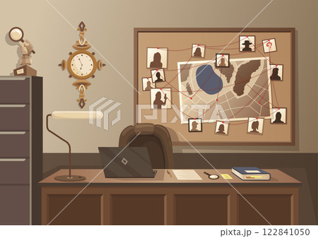 Detective office interior. Crime and criminal evidence. Wall board, wits and deduction system. Vector flat style cartoon illustration isolated on white background Detective office interior. Crime and criminal evidence. Wall board, wits and deduction system. Vector flat style cartoon illustration isolated on white background 122841050
