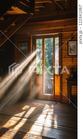 Sunlight streaming through wooden windows in a cozy cabin during the morning 122841067