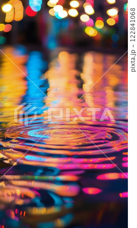 Reflection of colorful lights on water with ripples during a nighttime celebration 122841068