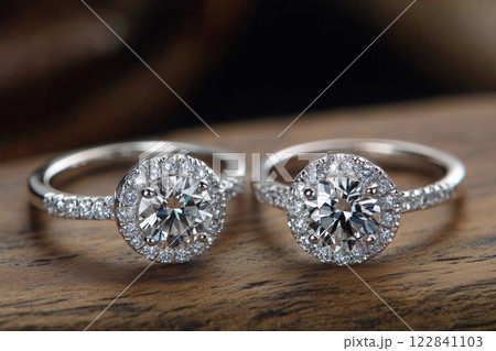 Elegant gold wedding rings with intricate design and sparkling diamonds on wooden surface Elegant gold wedding rings with intricate design and sparkling diamonds on wooden surface 122841103