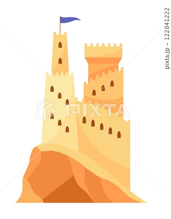 Sand castle. Kids fortress constructions. Sandy stronghold with wall and tower. Summer beach games to build sandy palaces or citadel. Vector cartoon illustration of beach sculptures Sand castle. Kids fortress constructions. Sandy stronghold with wall and tower. Summer beach games to build sandy palaces or citadel. Vector cartoon illustration of beach sculptures 122841222