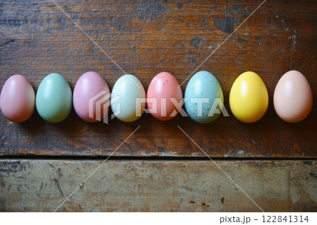Colorful decorated eggs displayed on a rustic wooden table for spring celebration Colorful decorated eggs displayed on a rustic wooden table for spring celebration 122841314