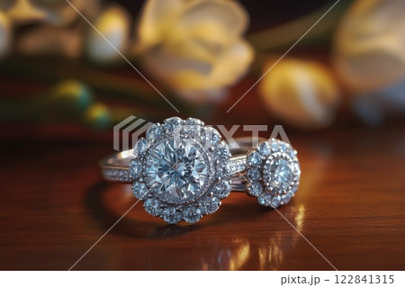 Elegant gold wedding rings with intricate design and sparkling diamonds on wooden surface Elegant gold wedding rings with intricate design and sparkling diamonds on wooden surface 122841315