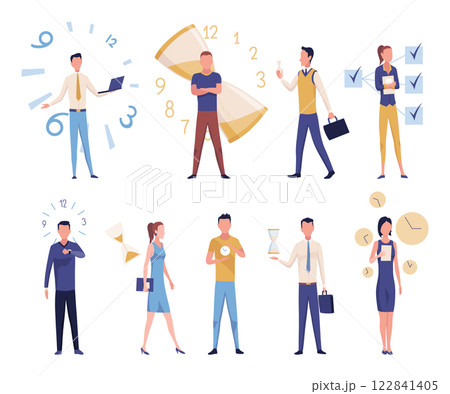 Effective time management icon set. Efficiency work time. Freelance man and woman workers with productivity clock. Time management, control business time or work deadline concept, smart businessman Effective time management icon set. Efficiency work time. Freelance man and woman workers with productivity clock. Time management, control business time or work deadline concept, smart businessman 122841405