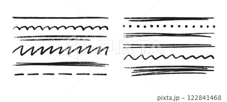 Black crayon underline divider collection - straight lines, dashed marks, wavy borders, dotted rows, zigzag patterns with chalk texture. Hand drawn separator elements for design or text decoration. Black crayon underline divider collection - straight lines, dashed marks, wavy borders, dotted rows, zigzag patterns with chalk texture. Hand drawn separator elements for design or text decoration. 122841468