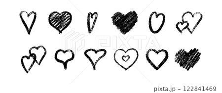 Crayon vector heart symbols with chalk texture set. Outlined, filled, shaded and nested black romantic designs. Hand drawn love elements with grunge effect for romantic cards or decorations. 122841469