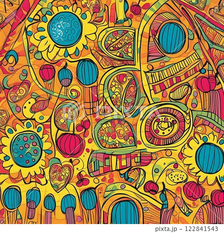 Abstract pattern in the style of doodling and zentangle. Pattern. Design. Background. Decor. Cover. Illustration. Yellow, orange, red, blue 122841543