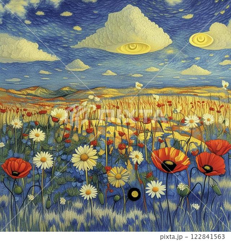 Landscape in the style of Van Gogh. Summer, meadow flowers, wildlife. Painting. Art. Sky, clouds, poppies 122841563