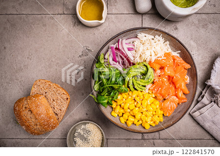 Hawaiian poke bowl with salmon 122841570