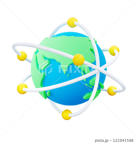 3d cartoon Earth with white orbits and yellow spheres for global connections, networking, communications or international business. Globe with green continents and blue ocean. 3d Vector illustration. 122841586