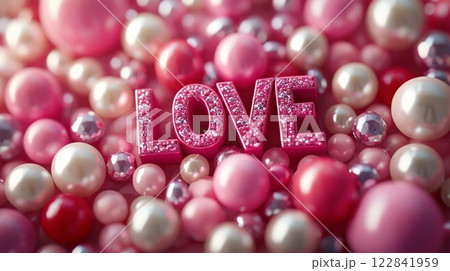 Pink LOVE Sign on Sparkling Pearls Romantic Valentines Day Background with Glitter Letters 122841959