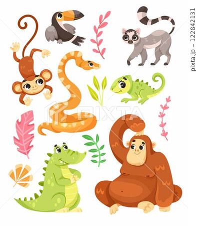Tropical Animal and Wild African Fauna with Leaves Vector Set 122842131
