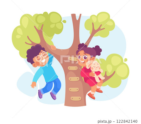 Kid Play on Tree in the Yard Vector Illustration Kid Play on Tree in the Yard Vector Illustration 122842140