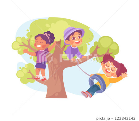 Kid Play on Tree in the Yard Vector Illustration 122842142