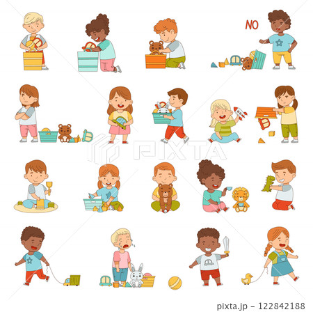 Little Kids Playing Toy in Nursery or Playroom Vector Set 122842188