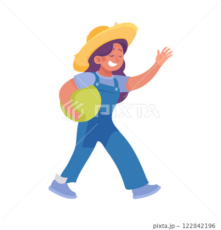 Little Girl in Hat with Ball Enjoy Beach Sea Rest Vector Illustration 122842196